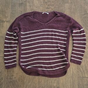 RD Style V-Neck Sweater - Burgundy and White Stripes